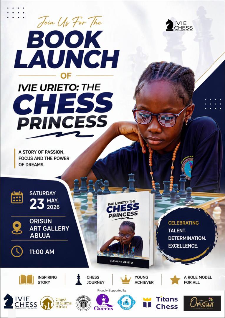 chesswitivie's tweet photo. Some moments in life feel full circle, and this is one of them.

On the 23rd of May 2026, I will be launching my book at Orisun Art Gallery, Abuja.

I still remember a moment that stayed with me—being told, *“your story will be told in a book.”* At the time, I didn’t fully understand what that meant. Today, I’m living it.

Chess has been a big part of my journey. It has taught me patience, courage, and how to keep going even when things feel difficult. This book is my story—of learning, growing, and believing that something small can become something meaningful.

This is more than just a book launch for me. It’s a celebration of dreams, support, and the people who believed in me along the way.

I would love for you to be part of this special moment.

📍 Orisun Art Gallery, Abuja
📅 23rd May 2026

#Chess #Inspiration #YoungVoices #AbujaEvents #BookLaunch #Dreams