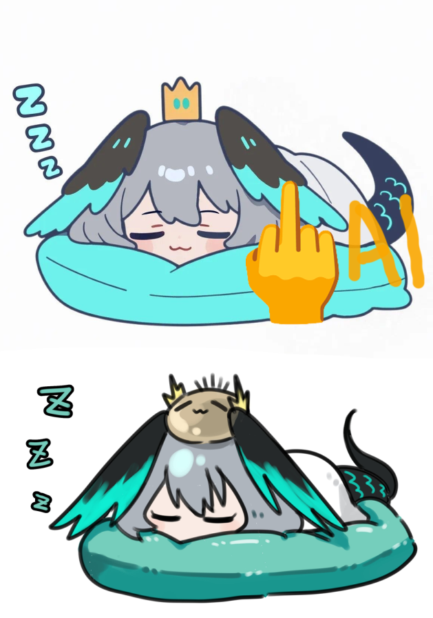 uof105's tweet photo. Just noticed this official sticker they released recently looks a bit like my icon (except way cuter), so I was happily about to go download it...
Then Google showed me this. 
Jesus, you are feeding even chibi art into img2img
What is wrong with you people... https://t.co/0PqHqq3VJf