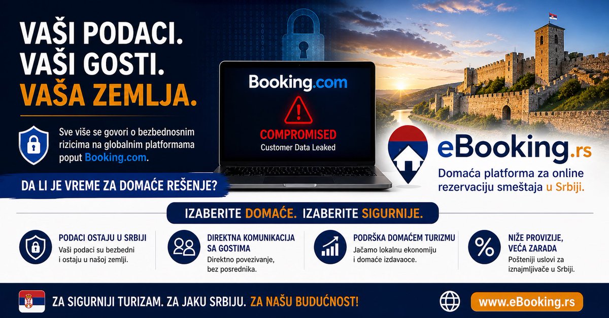 sokoinfo's tweet photo. 🔐 Koliko su bezbedni podaci vaših gostiju?

Sve više se govori o bezbednosnim rizicima na platformama poput https://t.co/nz07uNEKiu.

🇷🇸 Zato postoji domaće rešenje:
👉 https://t.co/1PhORX7UcF

✔️ Podaci ostaju u Srbiji
✔️ Direktna komunikacija
✔️ Niže provizije

💡 Izaberi domaće. Izaberi sigurnije.

#ebooking #turizam #srbija #booking #digitalnasrbija