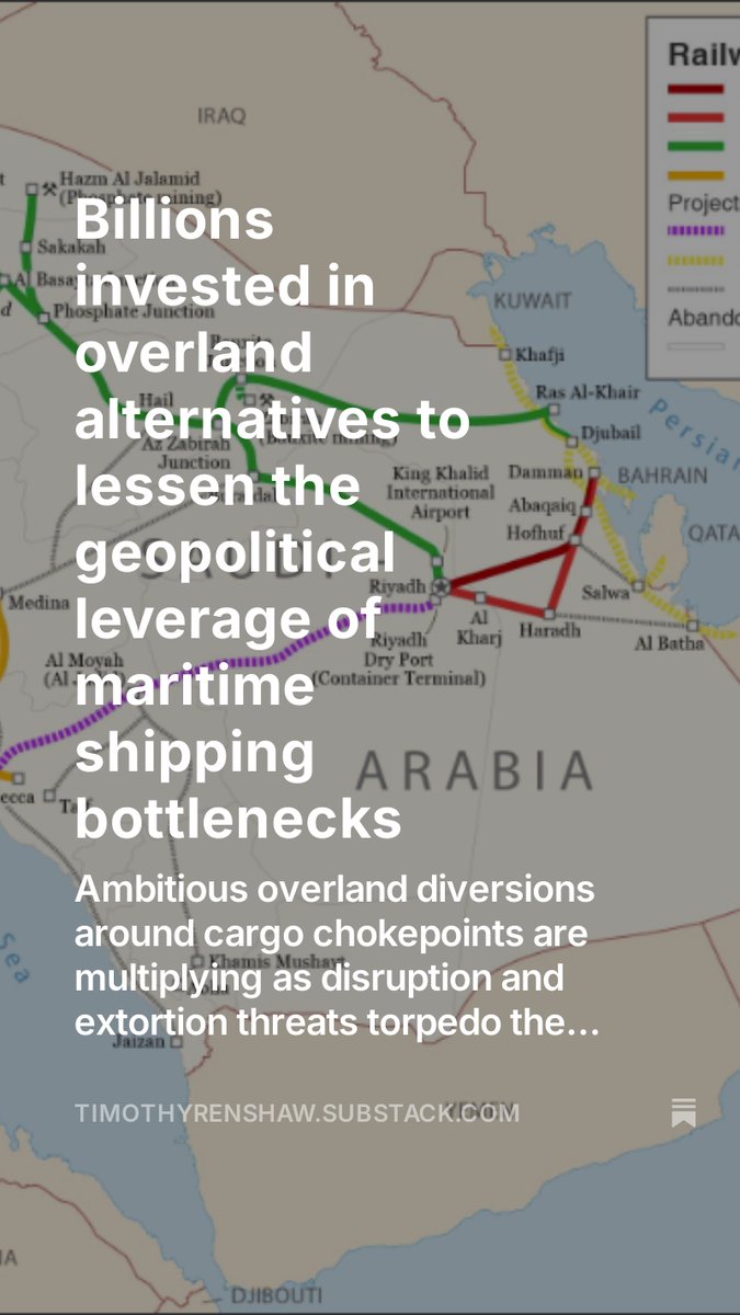 timothyrenshaw's tweet image. New from the Substack Shipping News: Billions invested in overland alternatives to lessen  geopolitical leverage of maritime shipping bottlenecks … tinyurl.com/4yhsu2ez
#ThomsonReuters #SaudiRailLines #Drewry #StraitOfHormuz #PanamaCanal #MiddleCorridor #InteroceanicCorridor