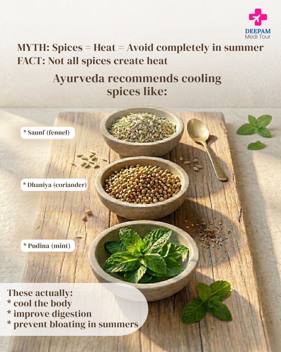 Deepammeditour's tweet photo. Summer Foods: Myth vs Fact — Part 2
It’s not just what you eat, but how and when you eat it. Balance, quantity, and timing matter. Ayurveda looks beyond trends to support overall well-being. Connect with #DeepamMeditour to know more. 🌿 https://t.co/qDtYjzkkgG