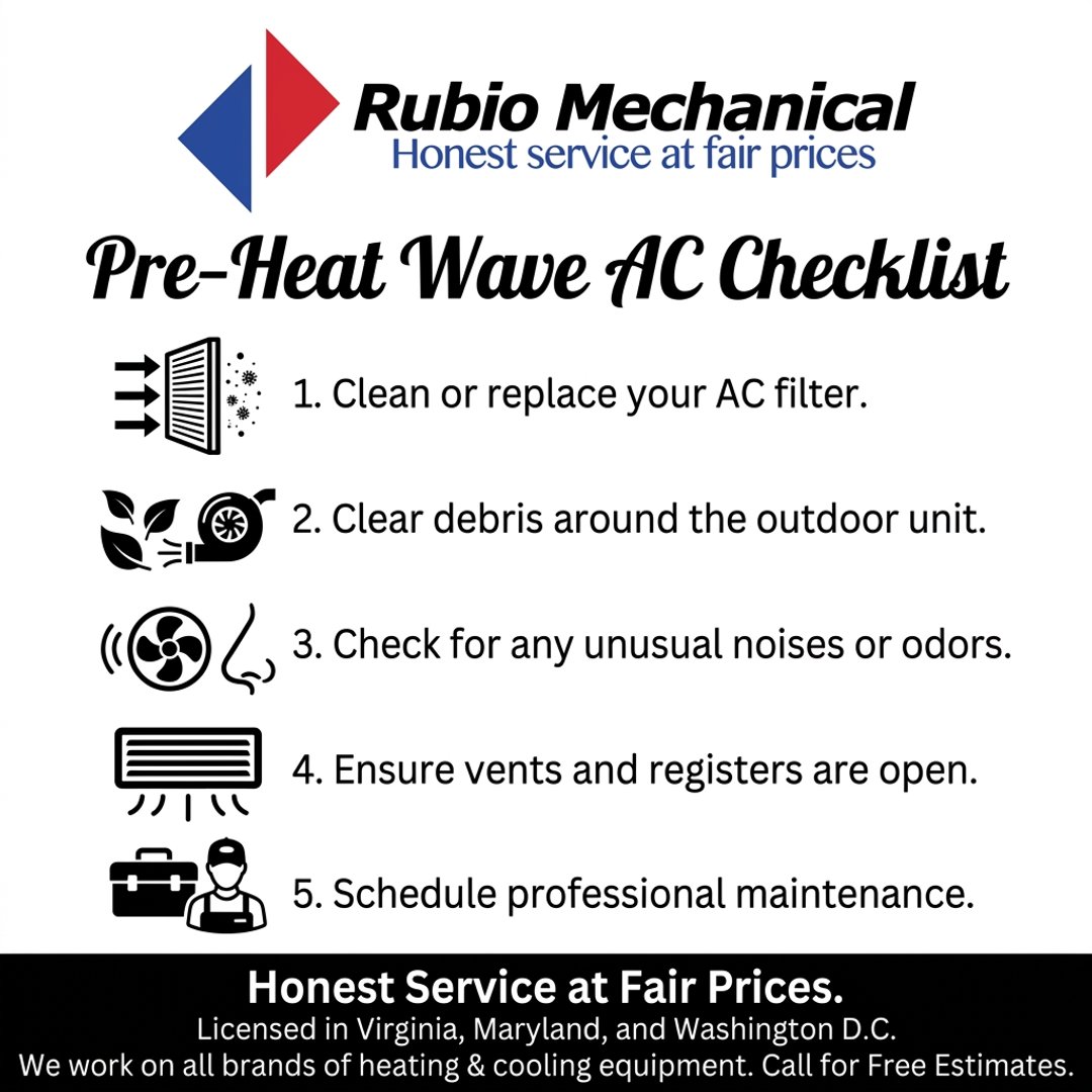 RubioMechanical's tweet image. Before the first DMV heat wave hits, a few simple AC checks can help you stay cooler and avoid surprise breakdowns. Honest Service at Fair Prices. #ACTips #CoolingSeason #HVACMaintenance #DMVHomes #HomeComfort #FairfaxVA #RubioMechanical