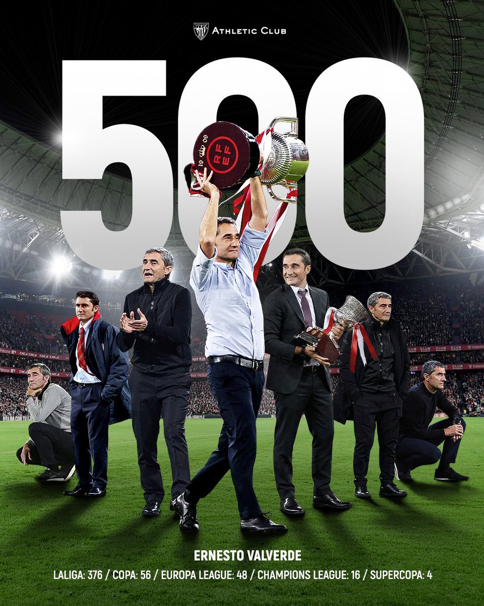 AthleticClub's tweet image. 🏅 Ernesto Valverde agranda su leyenda en el Athletic.

5⃣0⃣0⃣ partidos en el banquillo del primer equipo. 

🏆 Copa 2024
🏆 Supercopa 2015
🇪🇺 Siete clasificaciones europeas en nueve temporadas completadas 

👏 Zorionak, Ernesto! A ganar esta tarde.

#AlavésAthletic #AthleticClub