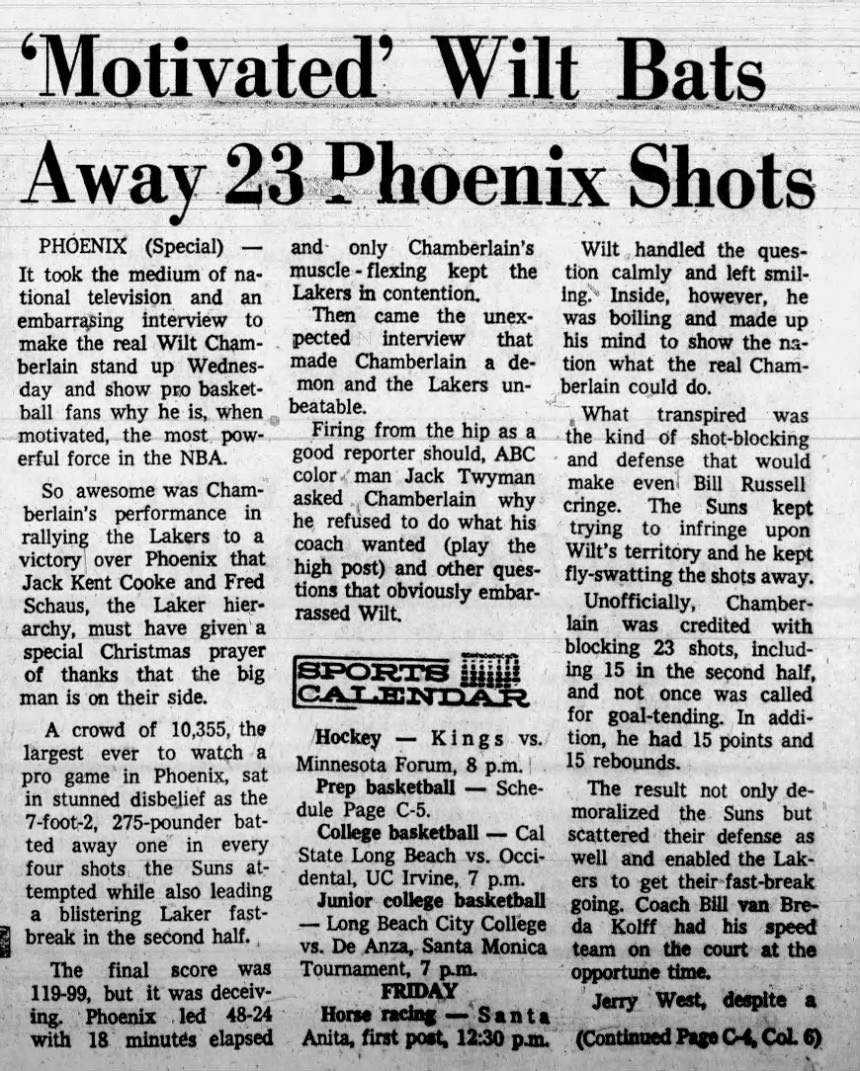 WiltStats's tweet photo. Wilt Chamberlain recorded the NBA record 23 blocks in a nationally televised Christmas Day game against the Phoenix Suns.

• 15 PTS
• 15 REB
• 6 AST
• 23 BLK (15 in 2nd half)

“The kind of shot-blocking and defense that would make even Bill Russell cringe.”

(Dec. 26, 1968) https://t.co/BZiWnJQOgo