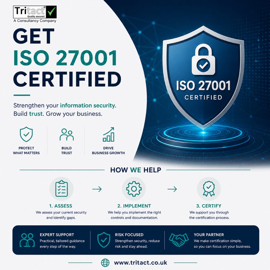 tritactltd's tweet image. Get ISO 27001 Certified with Tritact® Consulting.

Protect data, reduce risks, build trust, and grow your business with expert certification support.

From gap analysis to audit readiness, we make the process simple.

tritact.co.uk

#ISO27001 #CyberSecurity #Compliance