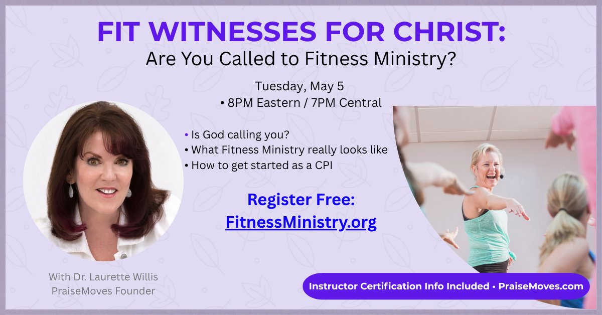 Fit4Christ's tweet photo. 🌿 Is God calling you to Fitness Ministry?
FREE webinar this Tues. May 5 8PM Eastern
"Fit Witnesses for Christ: Are You Called to Fitness Ministry?"
Register free 👉 https://t.co/ZZQ1wFsELW 
🎥 Replay for all who register!
#PraiseMoves #FitnessMinistry #ChristianFitness https://t.co/nfjUakBkvS