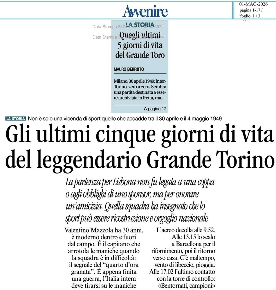 supermik14's tweet image. Il #GrandeTorino è una storia di vita. A Lisbona per onorare un’amicizia, insegnando all'Italia ferita dalla guerra a rialzarsi a testa alta. 
​Il "quarto d'ora #granata" ci ricorda di rimboccarci le maniche e lottare. Sempre
Orgoglio e lacrime
@mauroberruto su @Avvenire_Nei #SFT