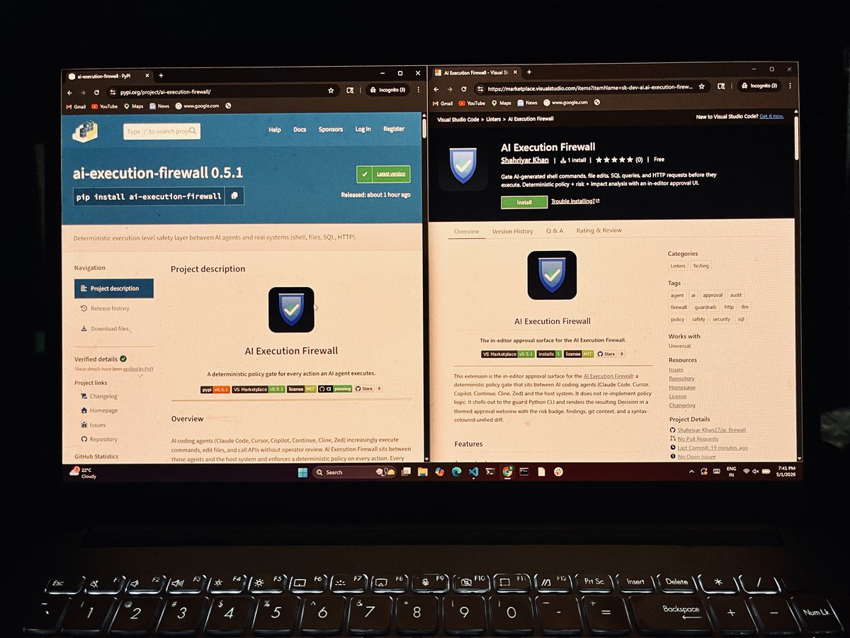 Shahriyar2711's tweet photo. It’s live 🚀

Built something to stop AI agents before they break things

Now available as
Python library + VS Code extension

Checks intent
Scores risk
Blocks or asks

No more blind execution

Try it → link in comments

#AI #AIAgents #DevTools #OpenSource #GenAI https://t.co/r7QKamwj95