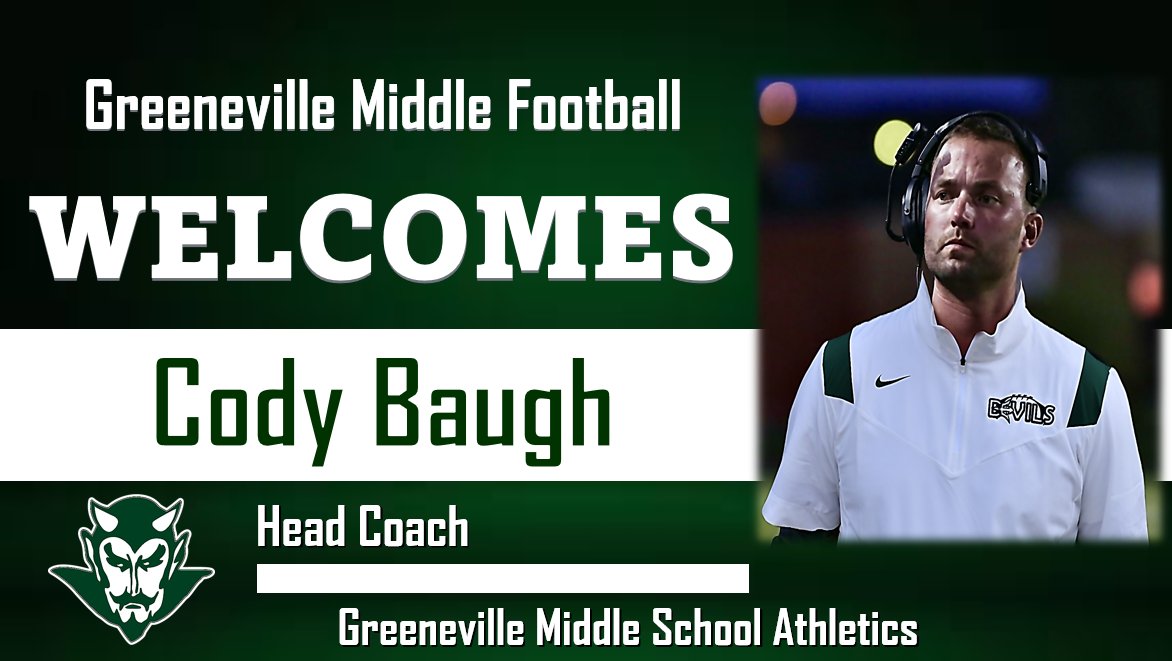 jeremy_simerly's tweet photo. GMS Athletics, Football
Welcome to the program! 🏈
Greeneville Middle School is excited to announce the hiring of new Head Football Coach Cody Baugh.
Go Devils! #WEoverME
@GMS_greeneville @racheladamstn @EverhartBgc15 @GSportsZone @mathteacher226 https://t.co/a9vvEa2Z8s