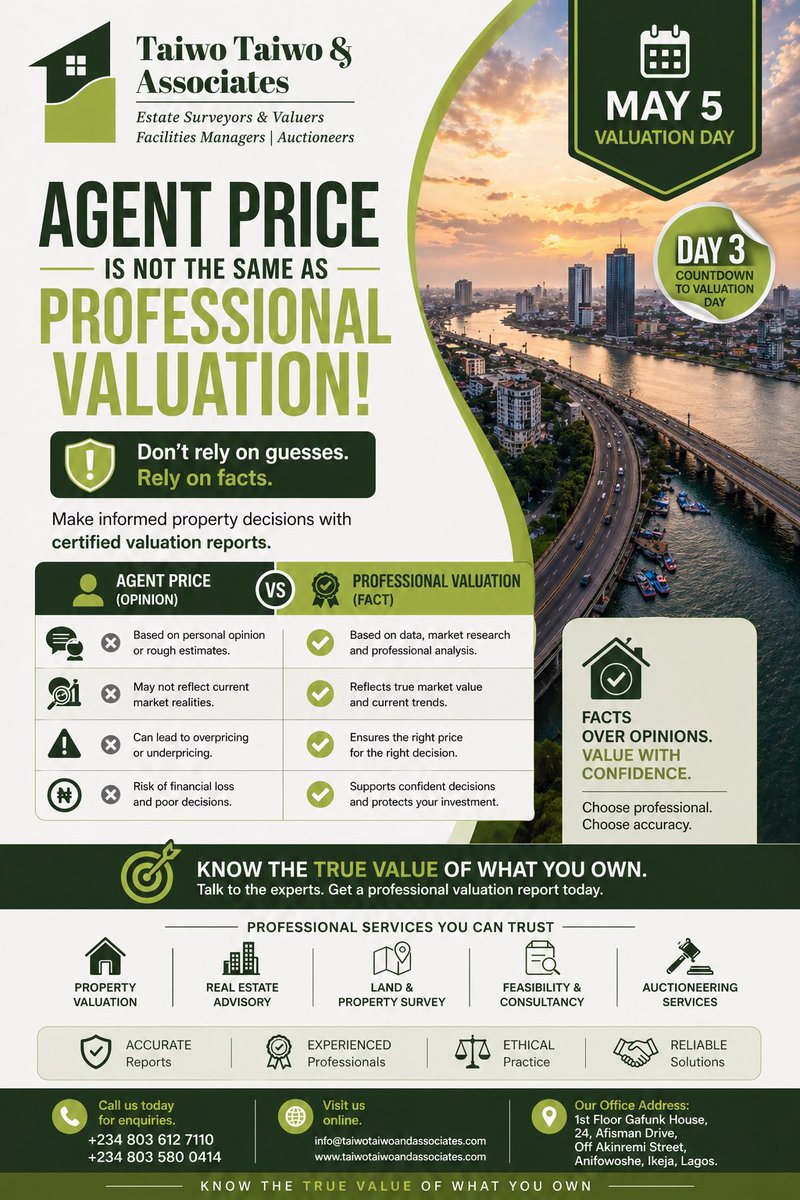 TheEstateValuer's tweet photo. ⏳ Day 3 to #ValuationDay

Agent price is opinion.
Professional valuation is fact.

Don’t guess your property value—know it.
📅 May 5

#RealEstateNigeria #PropertyValue #FactsOverOpinions https://t.co/h615r5pOWv