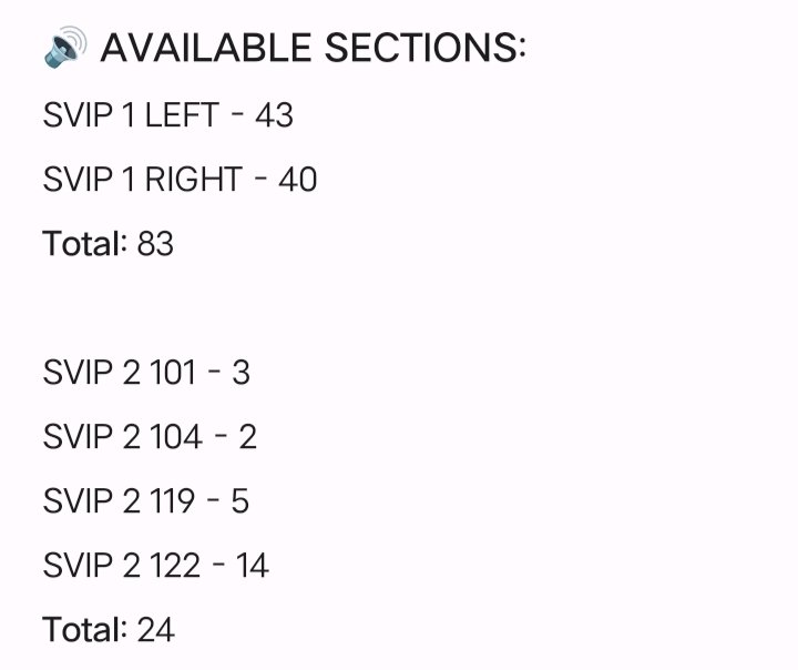 aomsdbr's tweet image. #BINI_SIGNALS_WORLDTOUR_2026 Manila Day 2 Ticket Update

[ as of 10PM ]

📢 🆕 SOLD OUT SECTIONS:
• SVIP 2: 105, 118

🚨 NUMBER OF TICKETS REMAINING: 1,787 (-32)

#BINI #BINI_Signals
#BINI_SIGNALS_TOUR