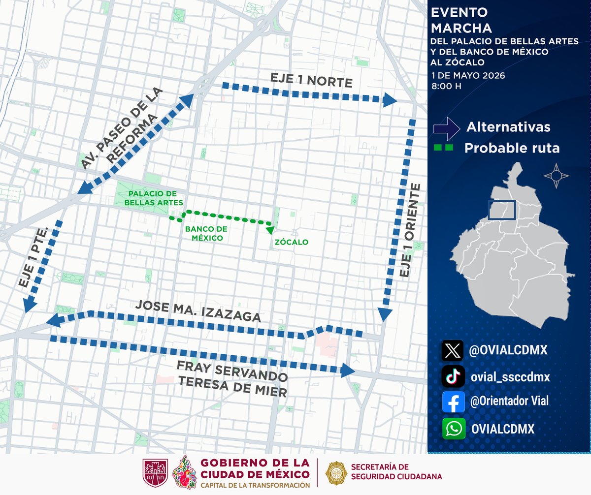 OVIALCDMX's tweet photo. 08:40 #PrecauciónVial | Manifestantes de Av. Juárez inician marcha y se incorporan a Eje Central para continuar por Av. 5 de Mayo hacia el Zócalo. Consulta aquí #AlternativaVial https://t.co/DI3KK1oDh1