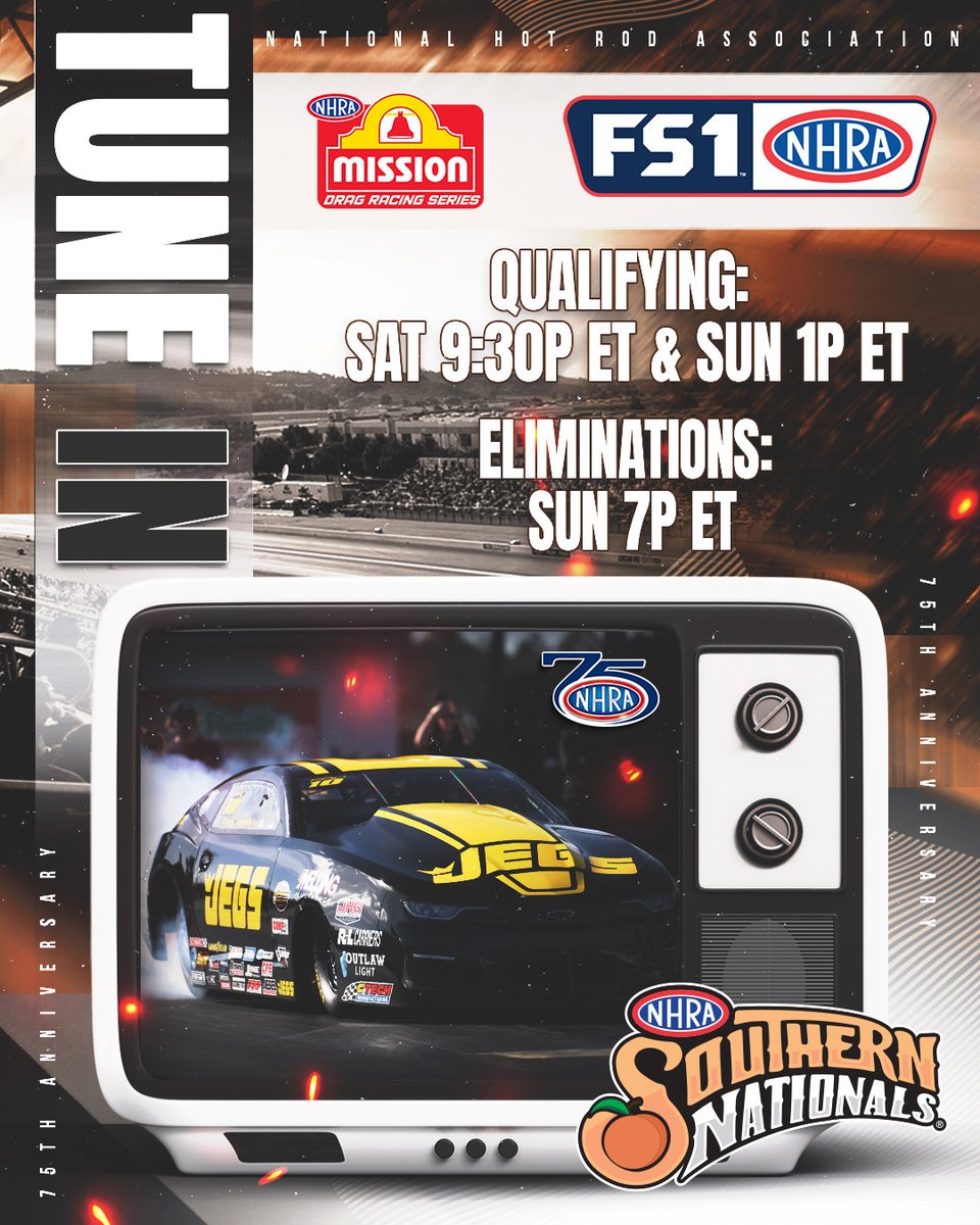 JEGSPerformance's tweet image. It's time for the @NHRA Southern Nationals! Make sure to #TuneIn to watch the two JEGS-powered Elite Motorsports Pro Stock machines piloted by Jeg Coughlin Jr. and Troy Coughlin Jr.!

Qualifying: Saturday 9:30-11p ET on FS1 &amp;amp; Sunday 1-2p ET on FS1
Eliminations: Sunday 7-10p ET on