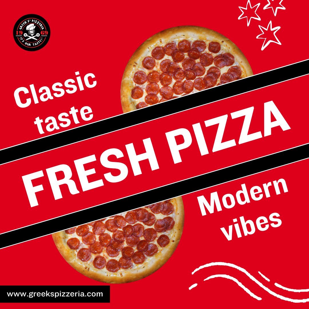 greekspizzeria's tweet image. Keeping it classic. Making it modern. 🍕💯 One bite and you’ll get the hype. Order now at the link in our bio! 

#greekspizzeria #modernvibes #pizzalover
