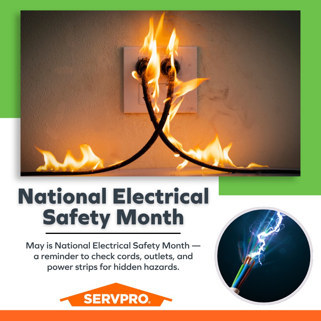 SERVPROCalvert's tweet image. May is National Electrical Safety Month — a good time to inspect outlets, cords, and power strips for wear before small issues turn into costly damage. SERVPRO is Here to Help when electrical problems lead to fire, smoke, or water damage. 💧 #ElectricalSafety #HereToHelp
