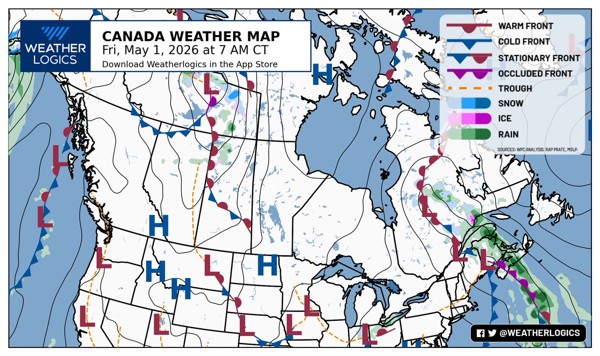 weatherlogics's tweet image. Canada weather map - Friday, May 1, 2026

#bcwx #abwx #skwx #mbwx #onwx #meteoqc #nbwx #nswx #pewx #nlwx