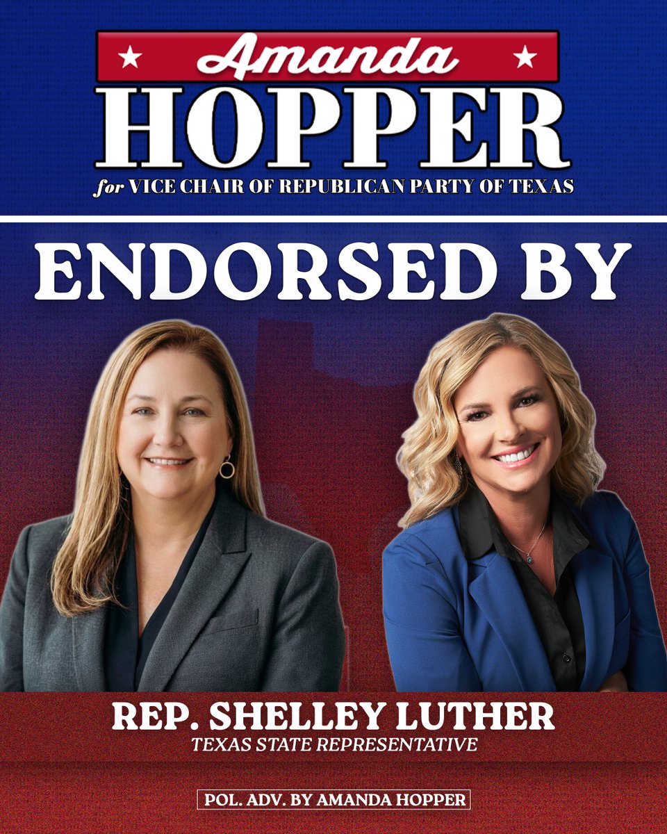 Thank you, <a href="/ShelleyLuther/">Shelley Luther</a>, for endorsing me as Vice Chair of <a href="/TexasGOP/">Texas GOP</a>! 

Shelley is the State Representative for HD 62, known for her courage during COVID when she opened her salon a month into the mandated shutdown, even facing imprisonment, so that her staff could support