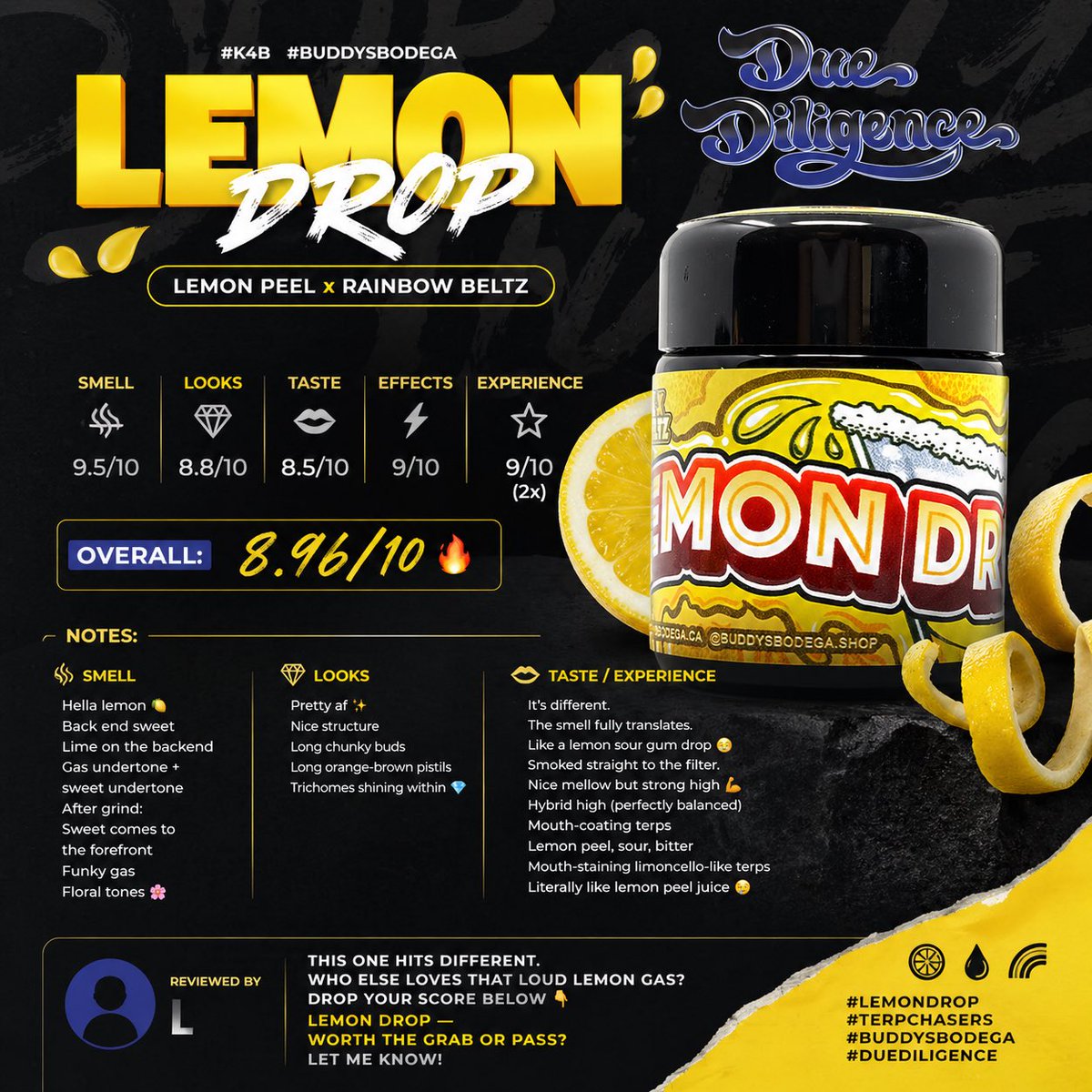 DueDiligence420's tweet photo. Lemon Drop 🍋 #K4B #buddysbodega
Lemon Peel x Rainbow Beltz
@kush4breakfast @buddysbodega @BuddysBodegaCA
Smell: 9.5/10
Looks: 8.8/10
Taste: 8.5/10
Effects: 9/10
Experience: 9/10 (2x)
Overall: 8.96/10 🔥 https://t.co/UiHzWClIBY
