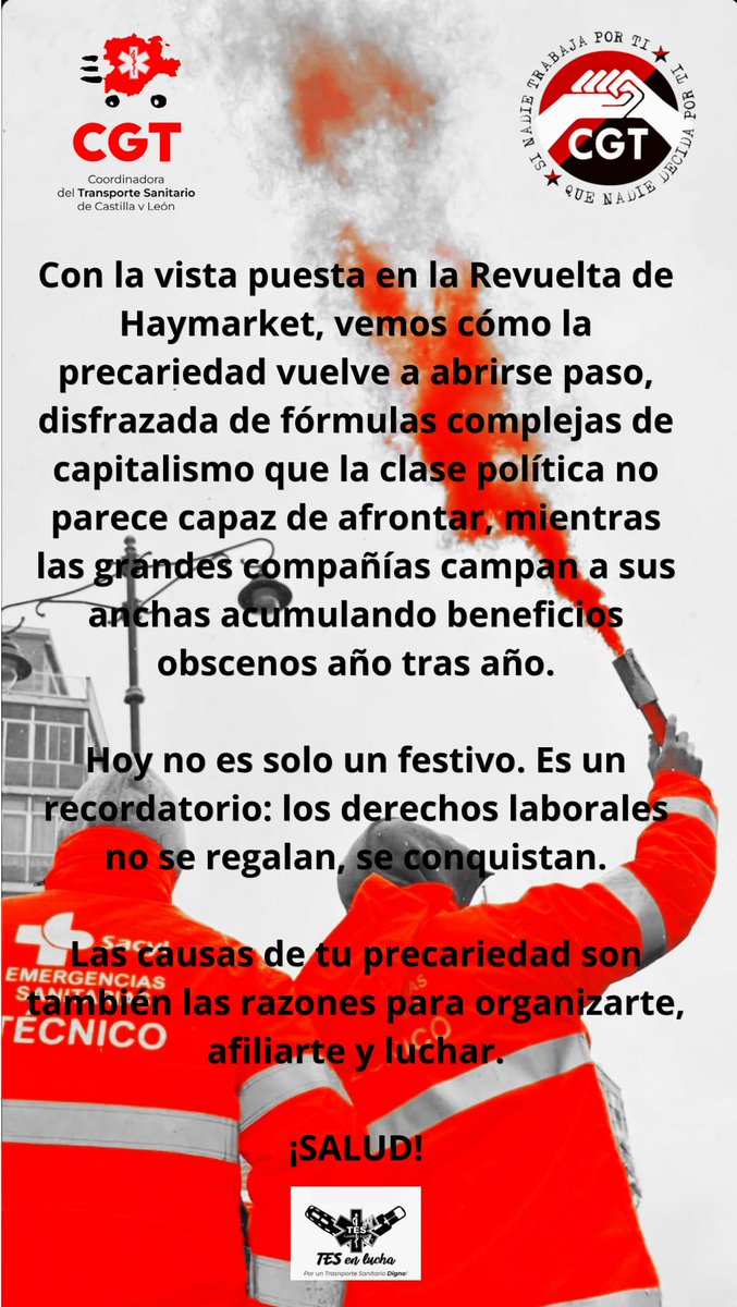 #TES #TESVISIBLE #TESENLUCHA #TESPUBLICOS #TRANSPORTESANITARIO
#EMERGENCIASSANITARIAS #SALUDPÚBLICA #EMERGENCIAS112
#TRANSPORTEPROGRAMADO #TESDIGNO #SOYTESNOCONDUCTOR
#AMBULANCIAS #LOSINDISPENSABLESTES
#CGT #CGTCYL #CGTTESCYL #CGTTRANSPORTESANITARIO
#DIGNIDADPARALOSTES