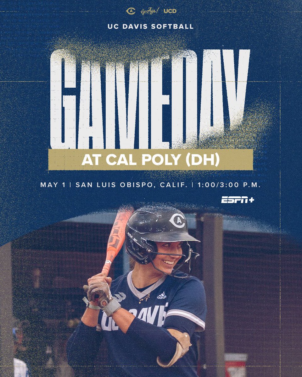 ucdavissoftball's tweet photo. GAME DAY

🆚 Cal Poly (DH)
🗓️ May 1
⌚️ 1:00/3:00 PM
📍 San Luis Obispo, Calif.
📺 ESPN+

#GoAgs https://t.co/IOJ1CEJCyb