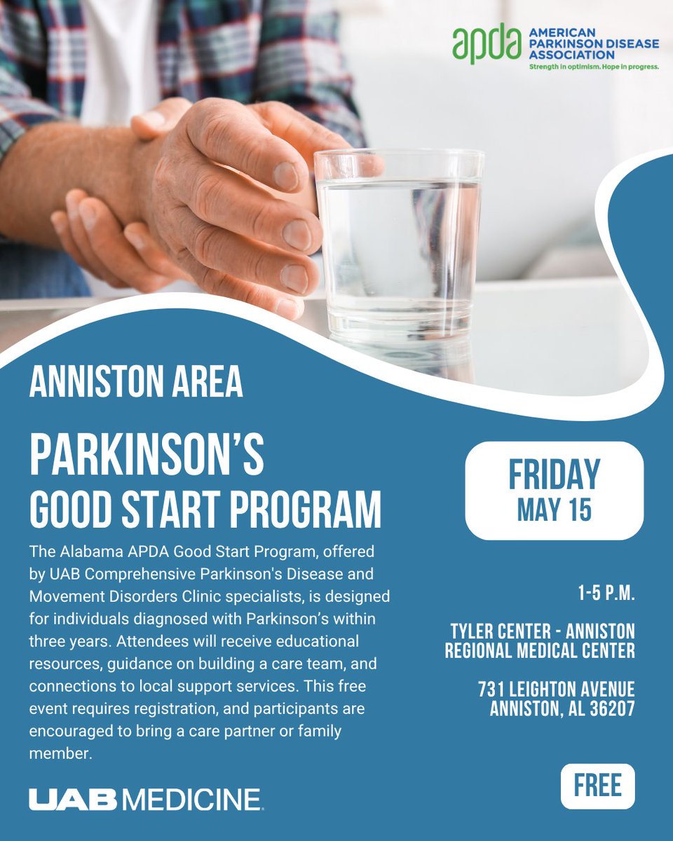 uabmedicine's tweet image. Join UAB Medicine and the @APDAParkinsons for the Parkinson's Good Start Program, an event designed for those diagnosed with #Parkinsons within the past three years. 

Attendance is free, but registration is required.

💙 Register here: brnw.ch/21x27aB