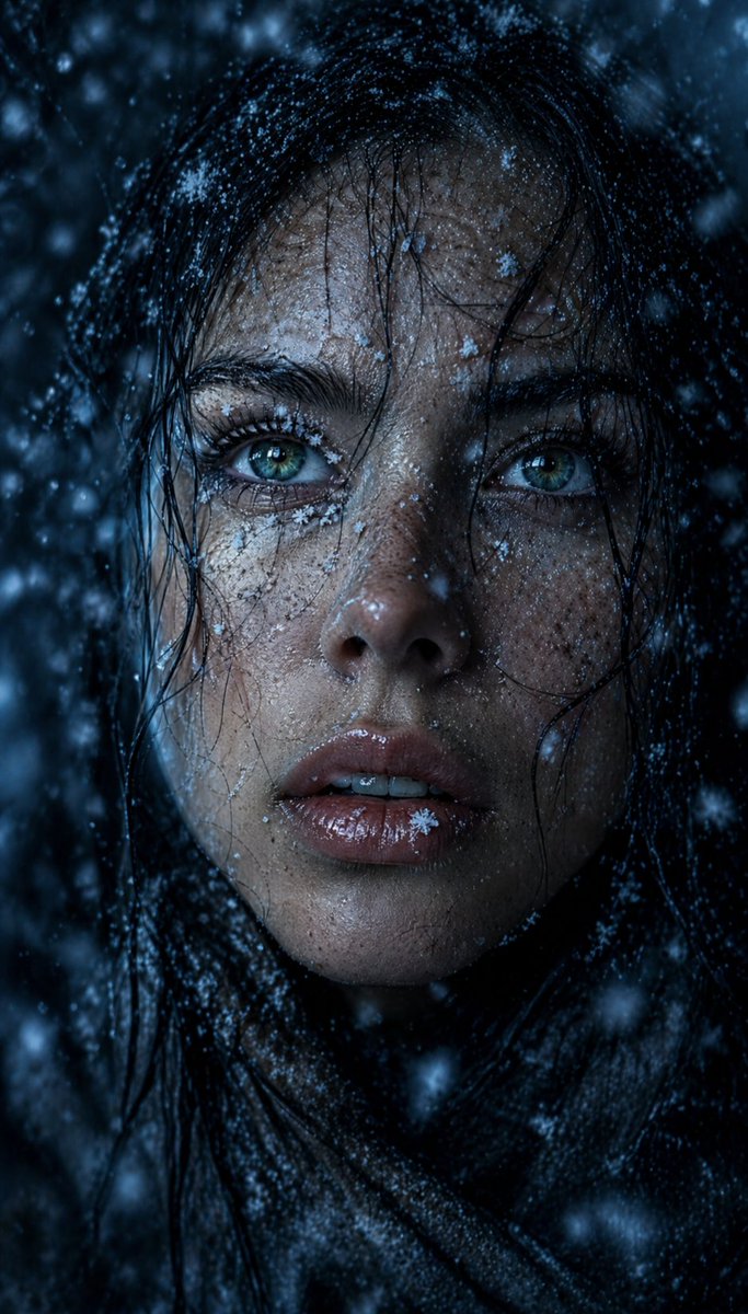 Frozen Gaze: Snow-Laden Portrait in Nightlight - PromptGather image 1