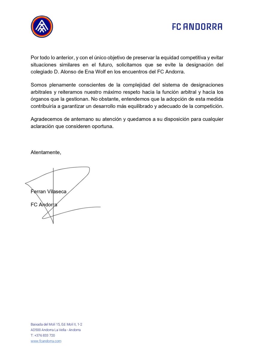 fcandorra's tweet image. 🙄 Tant de bo les respostes de la @rfef fossin tan ràpides com les targetes vermelles del senyor col·legiat de Ena Wolf…

👇🏻 Des del 23 de març esperant resposta a aquesta carta