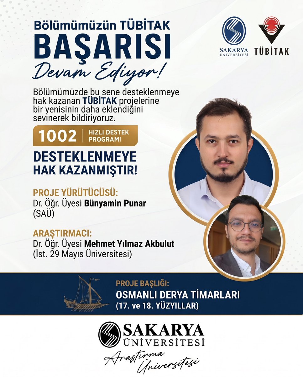 SAUTarihBolumu's tweet photo. 🎉 TÜBİTAK 1002 Başarısı
Bölümümüz öğretim üyelerinden Dr. Öğr. Üyesi Bünyamin Punar’ın yürütücüsü olduğu “Osmanlı Derya Tımarları (17–18. yy)” başlıklı proje, TÜBİTAK tarafından desteklenmeye hak kazanmıştır. 
Hocamızı tebrik eder, başarılarının devamını dileriz. https://t.co/ODMAwyovaF