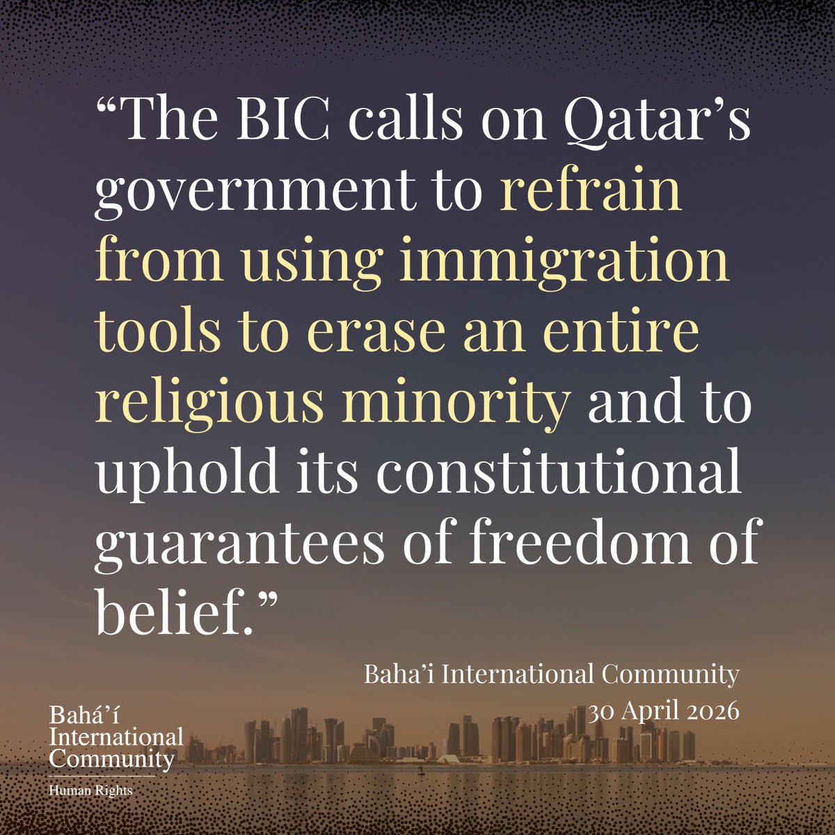 BahaiBIC_Rights's tweet image. In an unexpected move, over 40 percent of Qatar’s Bahá’í population faces imminent expulsion from the country.

The Bahá’í International Community (BIC) is alarmed that the Qatari government is carrying out a deliberate campaign of religious erasure aimed at one of the religious