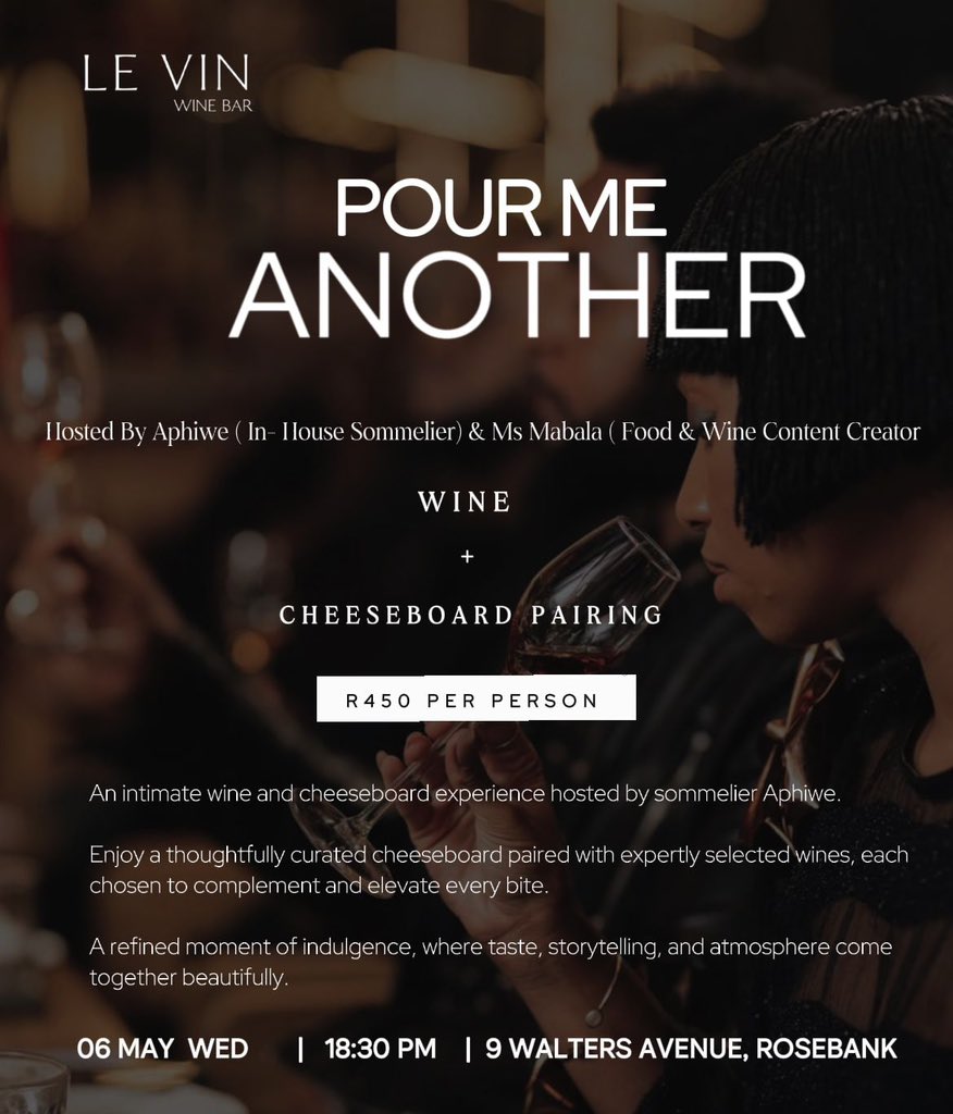MsMabala's tweet image. I've always spent #WineWednesday in the comfort of my home, now it's an opportunity to join me...

Join me for POUR ME ANOTHER at Le Vin.

Use Thabang10 for 10% off.

quicket.co.za/events/373662-…