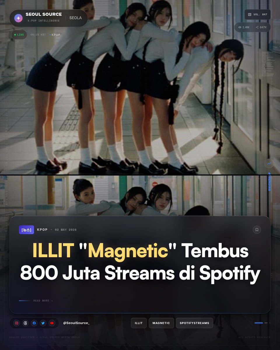 kpopdankdramaid's tweet image. ILLIT "Magnetic" 800 juta streams di Spotify - tercepat dalam sejarah debut song K-pop. Rilis 2024, masih kokoh 2026. Challenge jari kelingking nggak ada matinya #ILLIT #Magnetic

 Read More: threads.com/@seoulsource_
-Seola