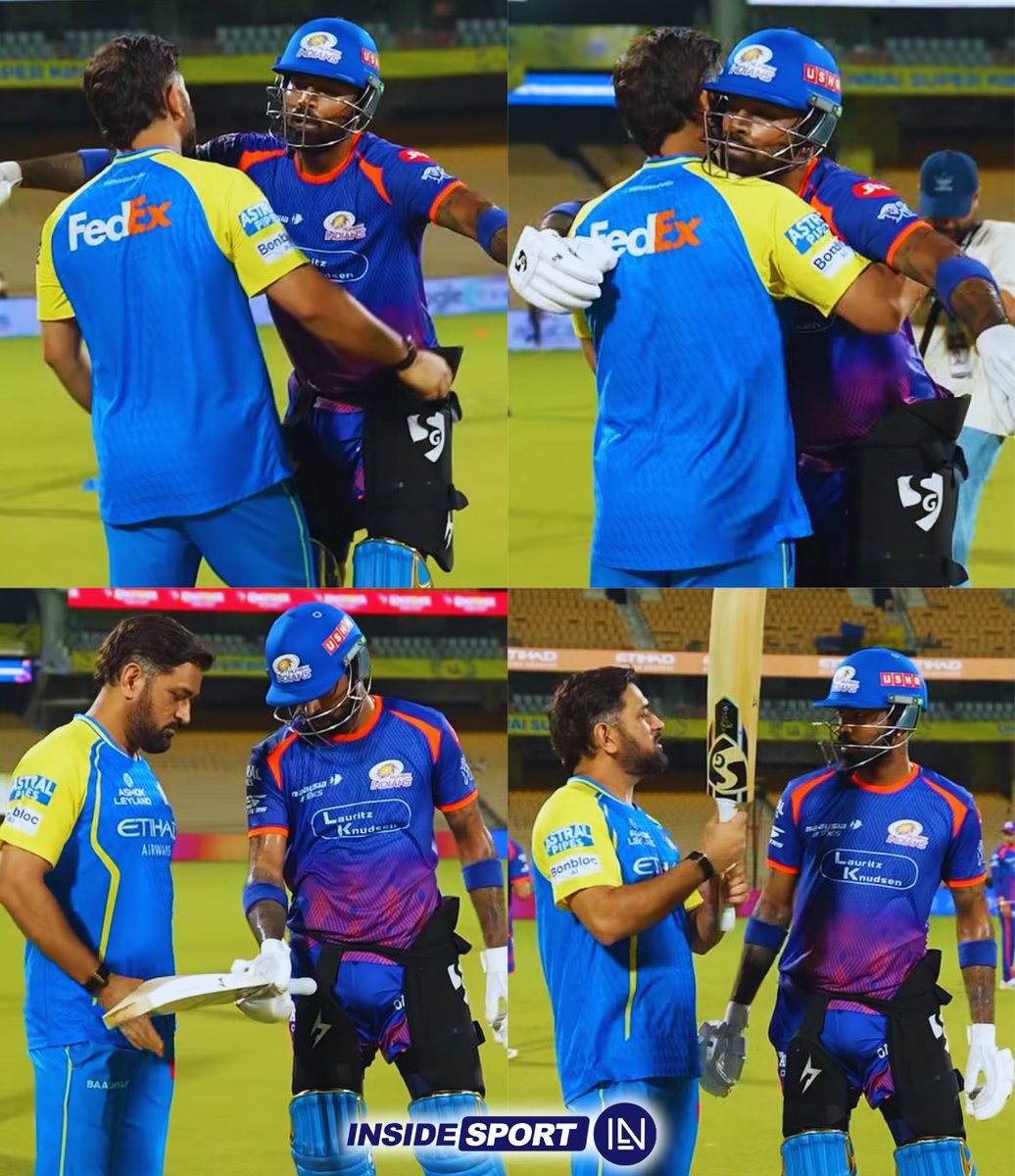 InsideSportIND's tweet image. Hardik Pandya shares a warm hug and a quick chat with MS Dhoni during practice 🫂🤩

📸: CSK/ Instagram

#IPL2026 #MSDhoni #HardikPandya #CricketTwitter