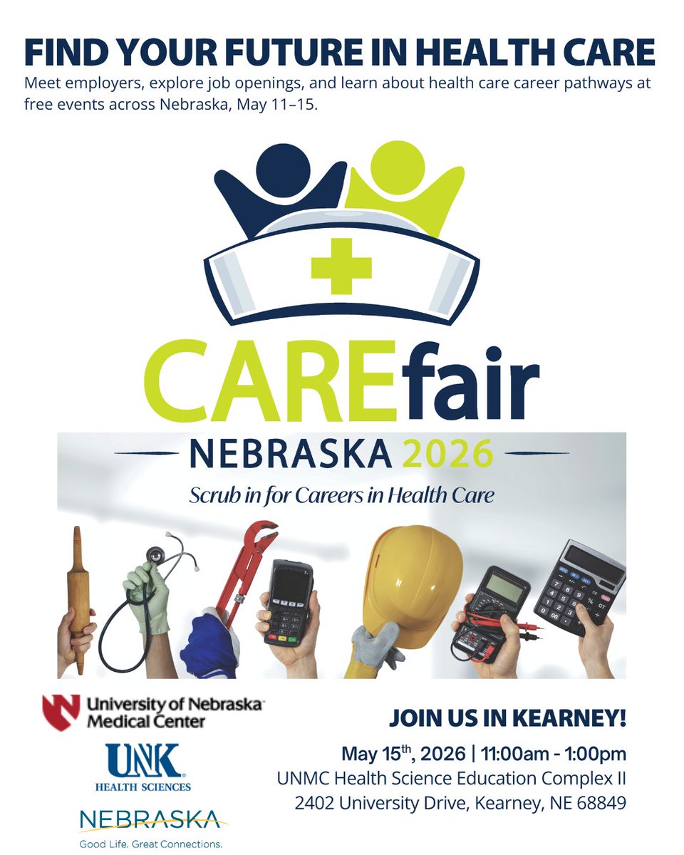 UNKHSCI's tweet photo. #UNKHealthSciences / #UNMC are hosting a CAREFair job fair in the atrium of the UNMC Health Science Education Center II in Kearney, NE. Explore a wide range of opportunities in hospitals and healthcare settings, with area employers ready to connect with students and the public. https://t.co/pAmsGJ3zTn