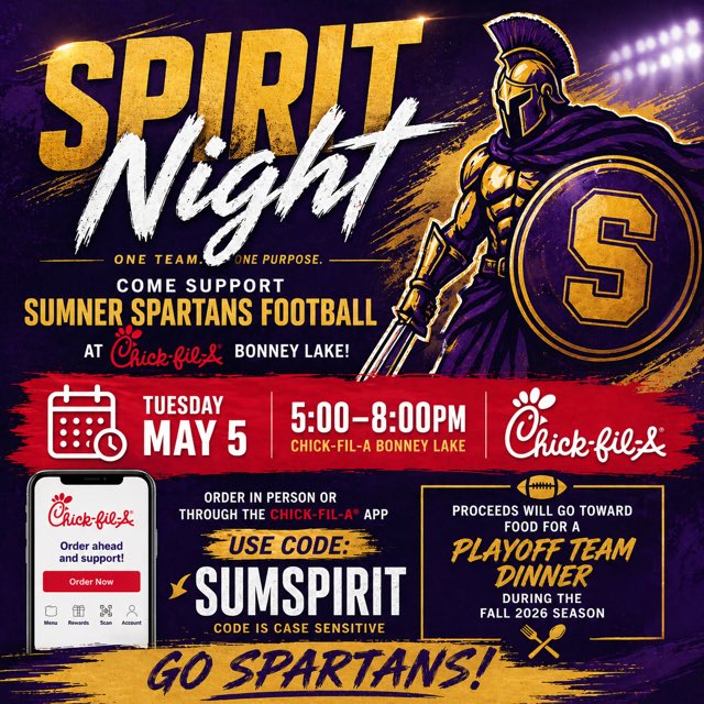 SumnerFootball's tweet image. Come support your State Champions with a night out!! #GoSpartans
