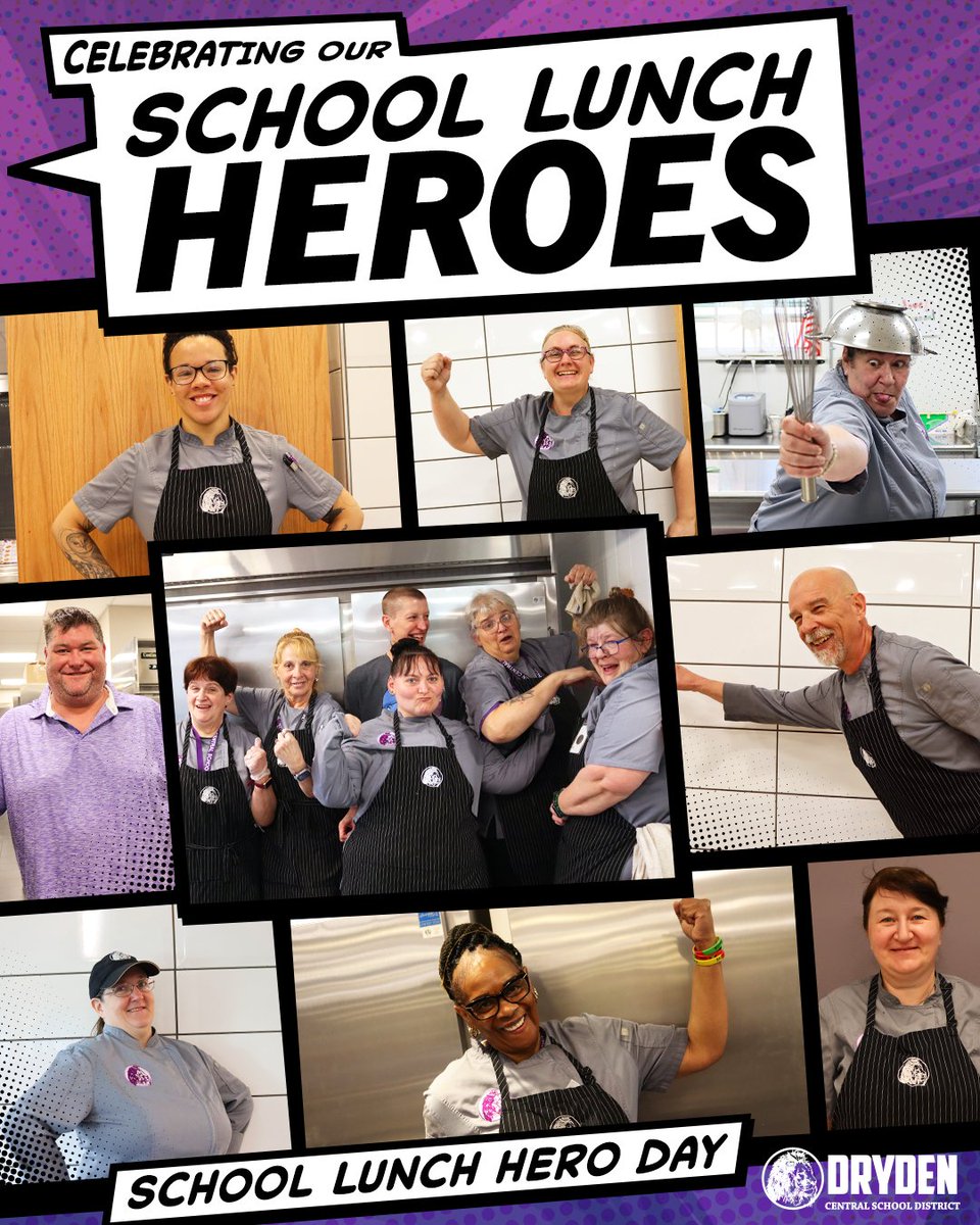DrydenLionPride's tweet image. Wishing a very happy School Lunch Hero Day to our phenomenal Food Service staff this #FoodServiceFriday! 🦸‍♀️📷Thank you for your dedication to preparing fresh, nutritious meals to fuel our students. #SchoolLunchHeroDay #LionPride 📷📷💜🦁