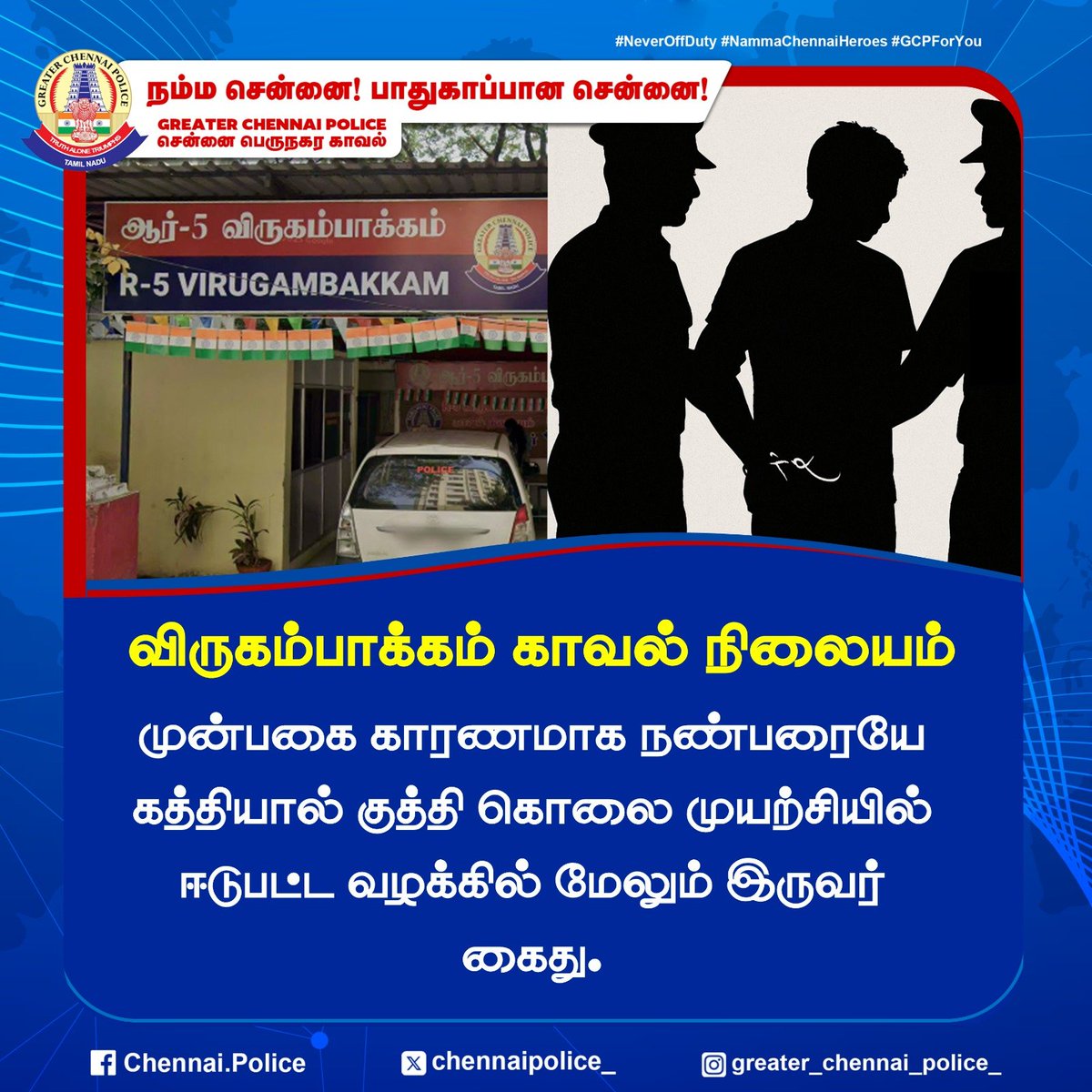 chennaipolice_'s tweet image. விருகம்பாக்கம் காவல் நிலையம்

முன்பிருந்த பகை காரணமாக நண்பரையே கத்தியால் குத்தி கொலை முயற்சியில் ஈடுபட்ட வழக்கில் மேலும் இருவர் கைது செய்யப்பட்டுள்ளனர்.

#Virugambakkam #AttemptToMurder #Arrest #ChennaiPolice
