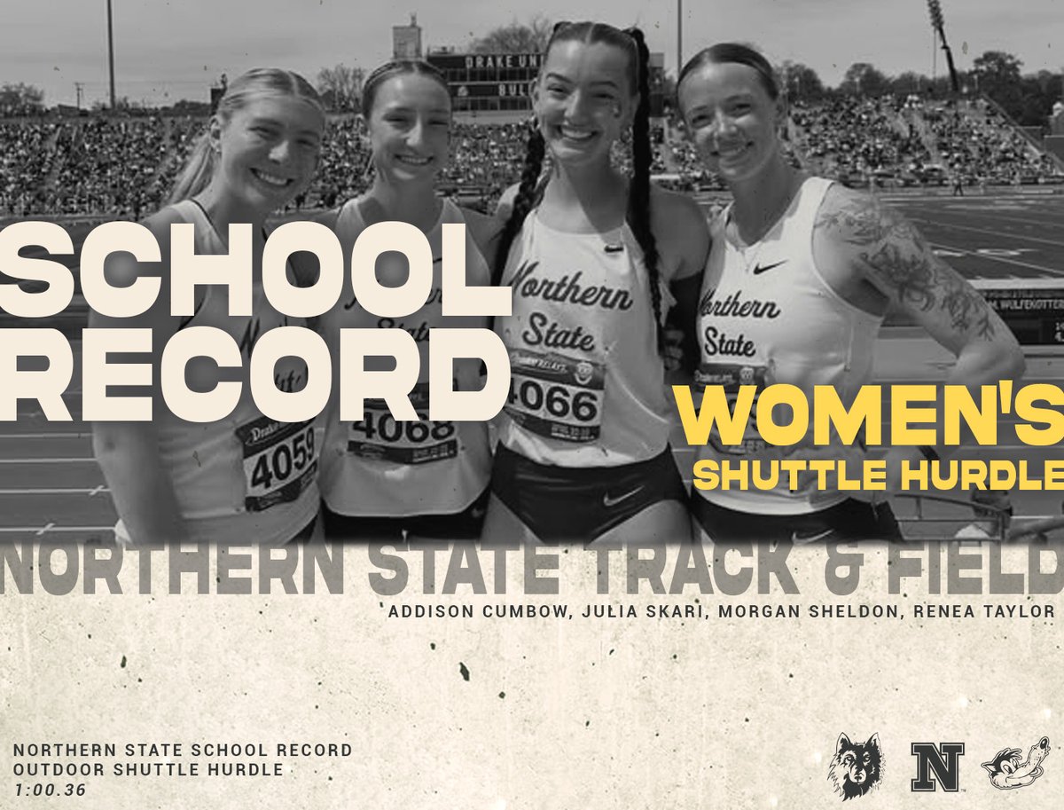 🚨 WOLVES SCHOOL RECORD 🚨

The shuttle hurdle relay record went down at the Drake Relays by the team of Cumbow, Skari, Sheldon, and Taylor!

☑️ 1:00.36

#GoWolves🐺 | #maroonNgold🐾 | <a href="/nsuwolves_tfcc/">Northern State Track/XC</a>