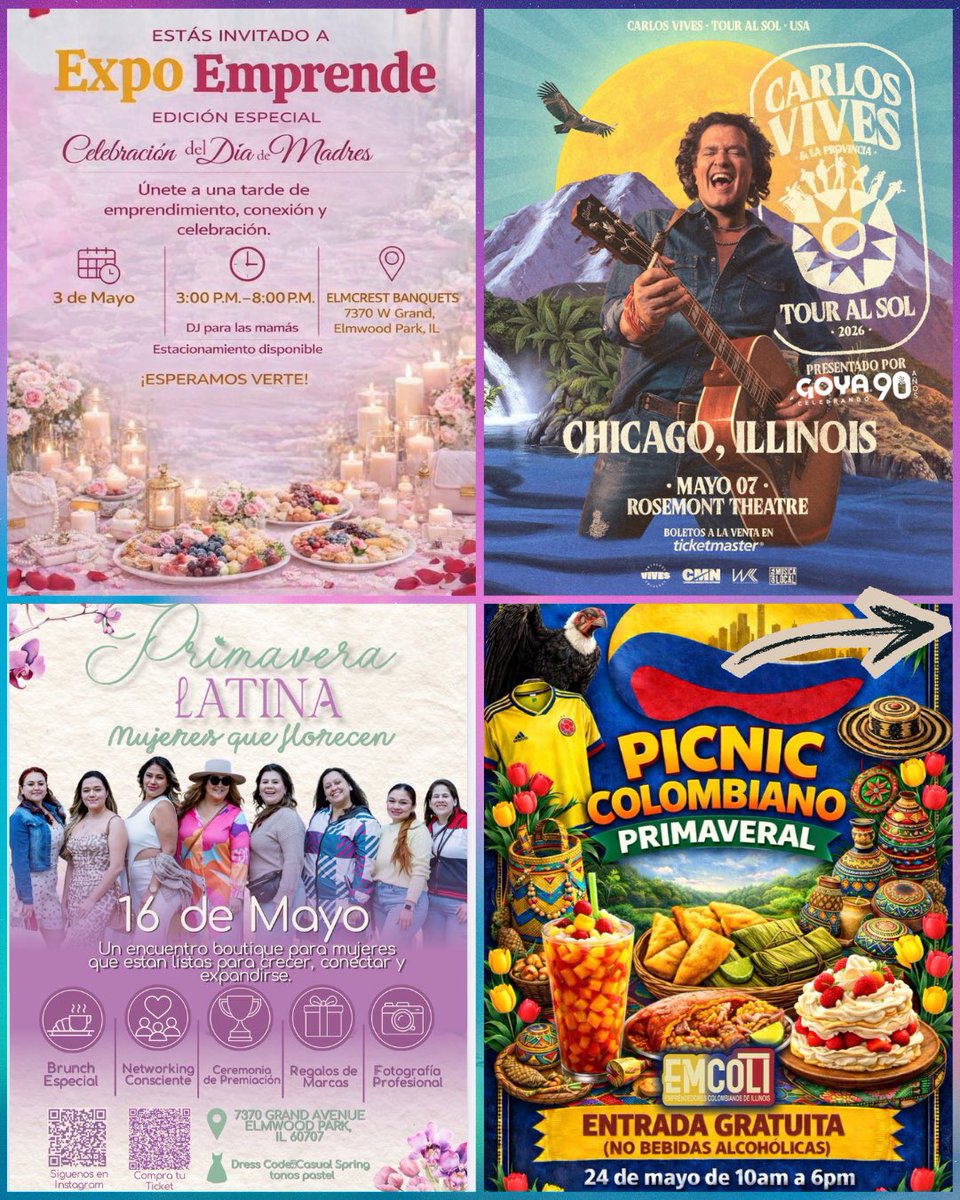 consulcol_chi's tweet photo. Planes para mayo en Chicago 🇨🇴✨

🙌 Estos eventos son organizados de manera independiente por emprendedores y empresarios de la comunidad. El Consulado de Colombia en Chicago los comparte como parte de su labor de difusión, pero no es responsable de su organización o ejecución. https://t.co/2c7yC5TKBm