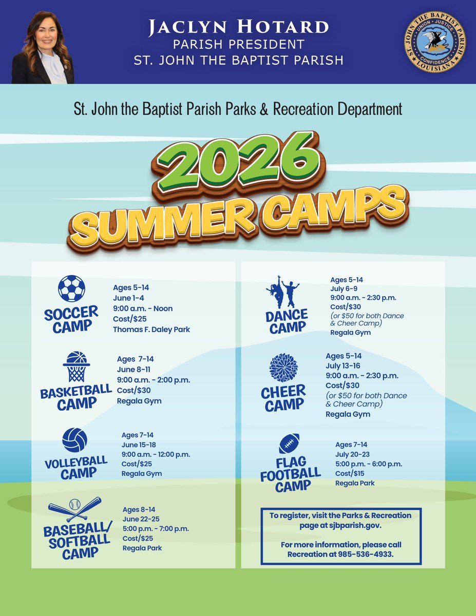 SJBPgov's tweet photo. Registration is now open for the 2026 St. John the Baptist Parish Parks &amp; Recreation Summer Camps! To register, please visit https://t.co/fJngxjB2Nt

For more information, please call Parks &amp; Recreation 985-536-4933.

#stjohnrecreation #youthprograms #summerprograms https://t.co/9n5FWv1AiM