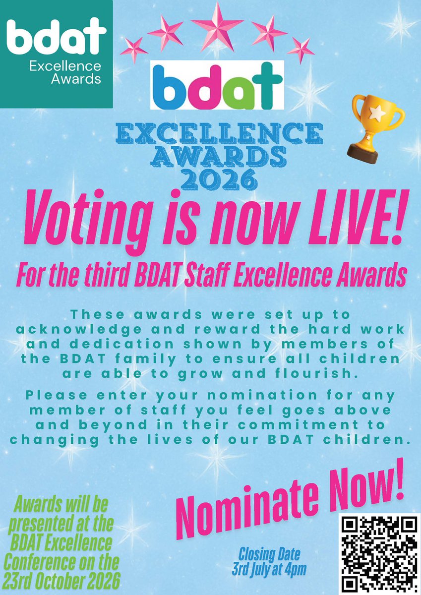 BDAT_CPD's tweet photo. We’re excited to announce that our staff recognition nominations are officially open! As an employer of choice, we are passionate about celebrating the incredible people who make our schools such special places to learn and grow. https://t.co/yXuO1rYbT8