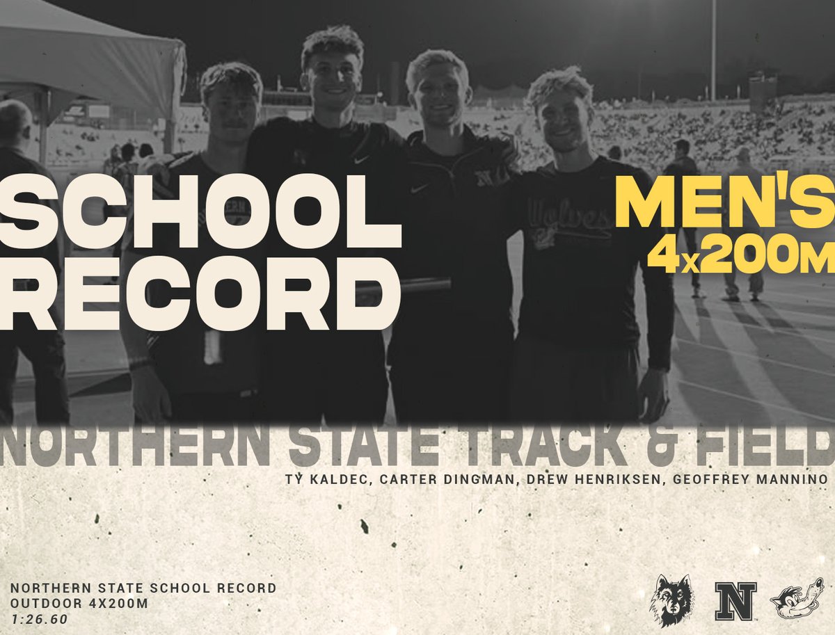 🚨 WOLVES SCHOOL RECORD 🚨

The men's 4x200m record was broken by the crew of Kadlec, Dingman, Henriksen, and Mannino at the Drake Relays!

☑️ 1:26.60

#GoWolves🐺 | #maroonNgold🐾 | <a href="/nsuwolves_tfcc/">Northern State Track/XC</a>