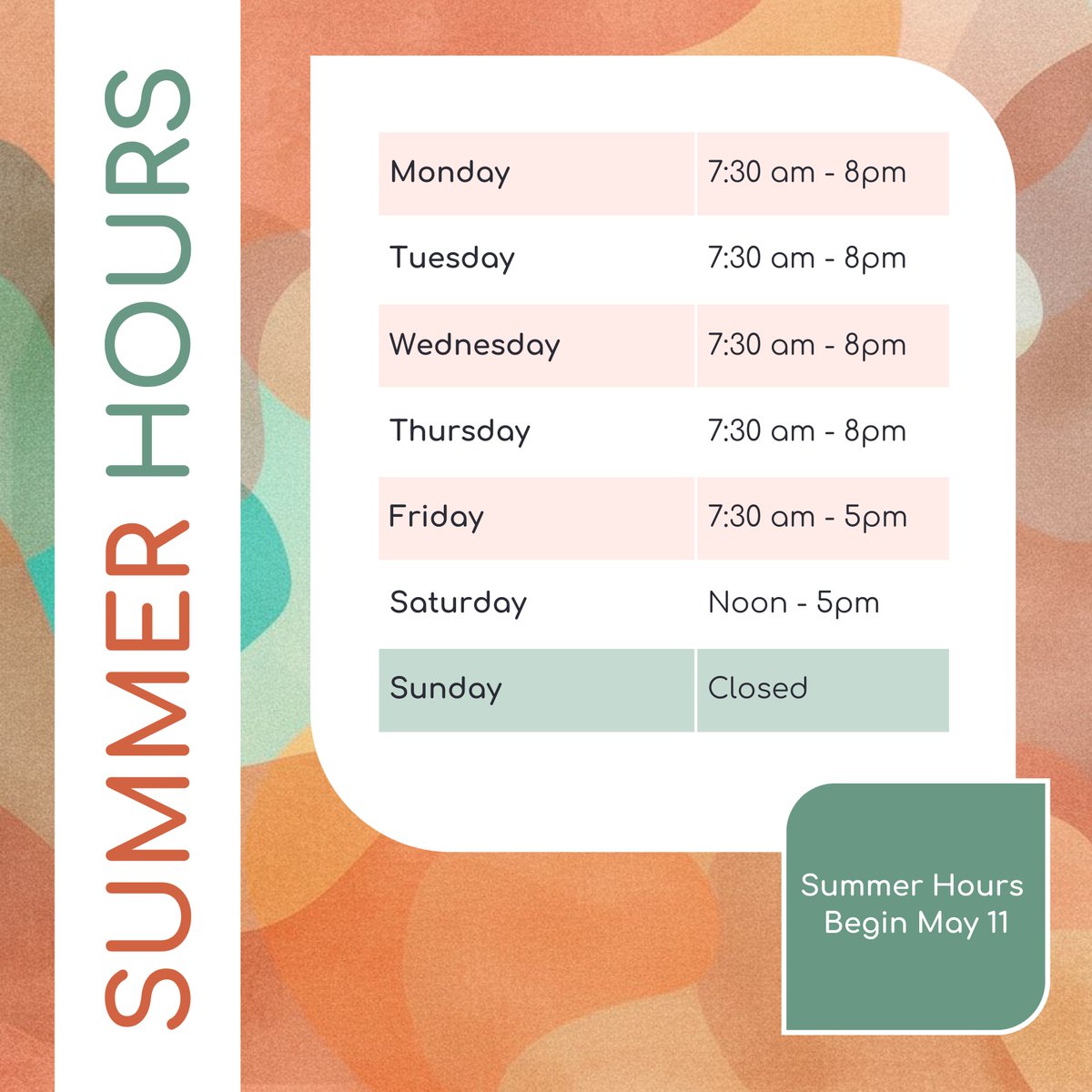 USDLibraries's tweet photo. Summer Hours begin May 11
Monday - Thursday, 7:30am - 8pm
Friday, 7:30am - 5pm
Saturday, Noon - 5pm
Sunday, Closed https://t.co/RiJCf7JU7z