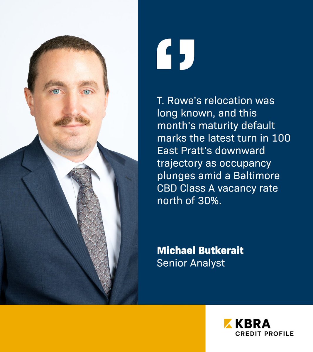 The $101.6 million 100 East Pratt loan failed to pay off at its April 2026 maturity, contributing to a nearly 72% default rate for maturing office loans this month. The office tower in Baltimore's Inner Harbor was just 20% occupied in December 2025 following T. Rowe Price’s