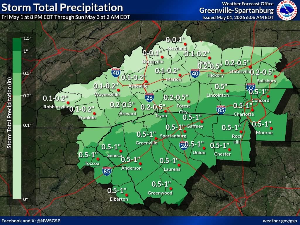 CCSWN1's tweet image. More beneficial rain expected tonight through Saturday morning across the area.  Highest totals mainly along and southeast of I-85. No flooding or severe storms expected. 🌧️☔️

#scwx #gawx #ncwx