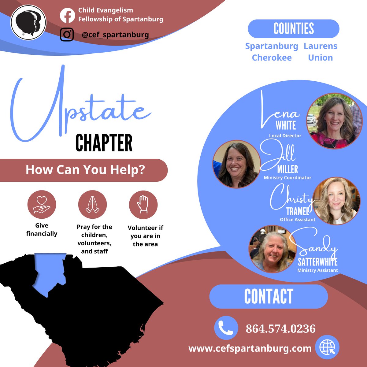 CEFofSC's tweet photo. Here are the rest of the chapters that we want to highlight and the State Office too! Will you pray for each of these chapters and their staff? Will you support them with your time and finances?
Go to https://t.co/55SEjuMm0k to find out more. https://t.co/tVTj3TyQqq
