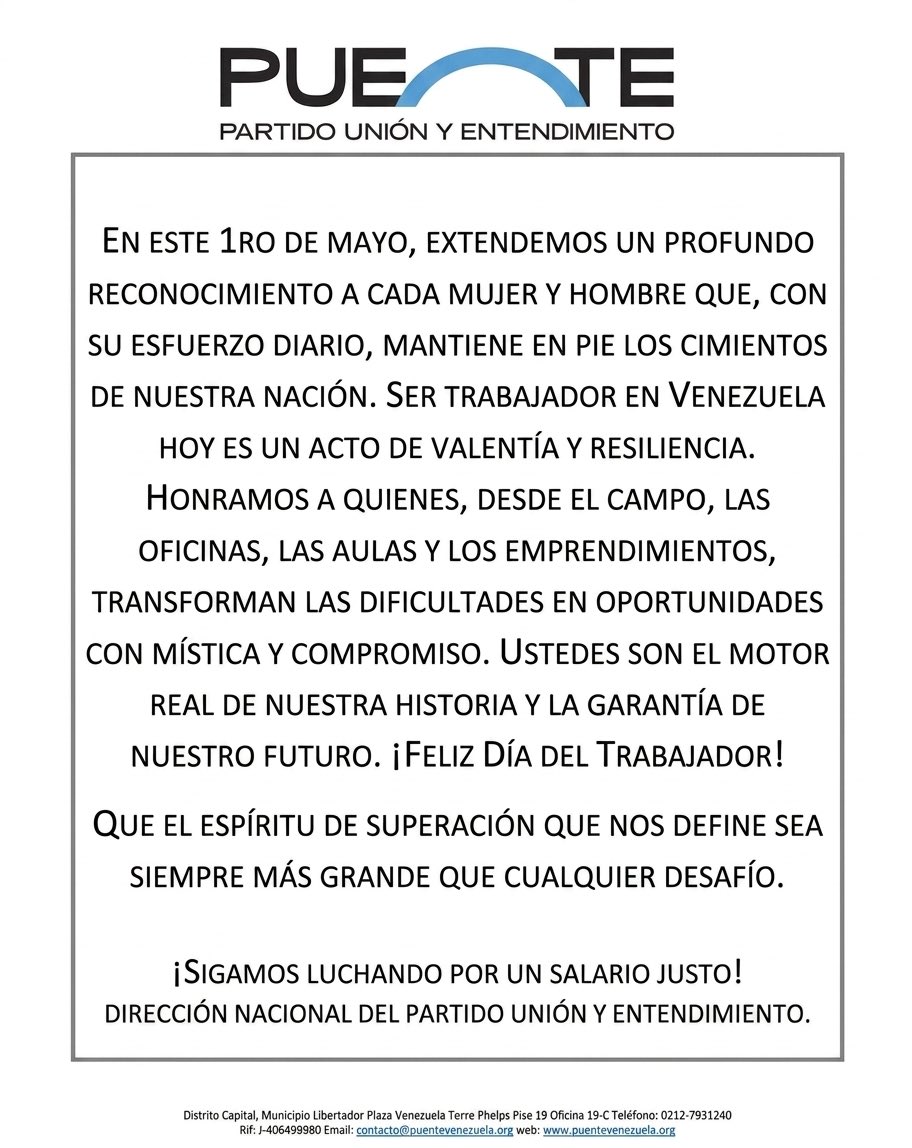 PuenteVenezuela's tweet photo. EN ESTE 1RO DE MAYO, EXTENDEMOS UN PROFUNDO RECONOCIMIENTO A CADA MUJER Y HOMBRE QUE, CON SU ESFUERZO DIARIO, MANTIENE EN PIE LOS CIMIENTOS DE NUESTRA NACIÓN. 
#BonoNoEsSalario https://t.co/zjXo0xPsYD