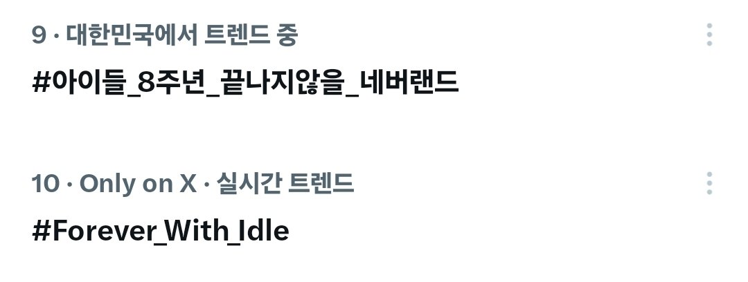 📢 대한민국 실시간 트렌드 진입

#9 한글 해시태그
#10 영문 해시태그

8주년까지 16분 남았습니다. ❤️💜

#아이들_8주년_끝나지않을_네버랜드 
#Forever_With_Idle