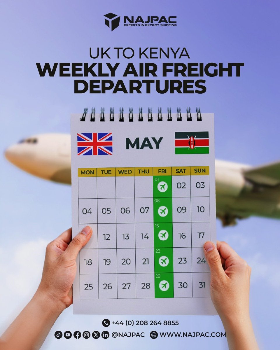 NajPac's tweet photo. May schedule is locked in ✅✈️

We’ve got weekly air freight departures from the UK to Kenya every Friday;consistent, reliable, and fast.
Cut-off is every Thursday at 16:00, make sure your packages are ready in time to catch that week’s flight. Send your parcels with confidence. https://t.co/AqND6heHC0