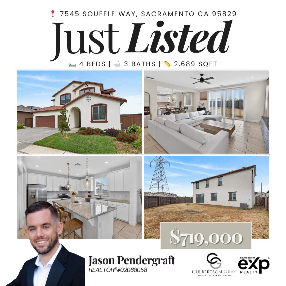 culbertsonand's tweet image. ✨ JUST LISTED! ✨
📍 7545 Souffle Way, Sacramento CA 95829
🛌 4 Beds
🛁 3 Baths
📏 2,689 SqFt
💰 $719,000

jason.culbertsonandgray.com/listing-detail…

DRE#02068058
#culbertsonandgraygroup #realtor #realestate #justlisted #newlisting #brokeredbyexprealty #exprealtyproud #sacramento #california
