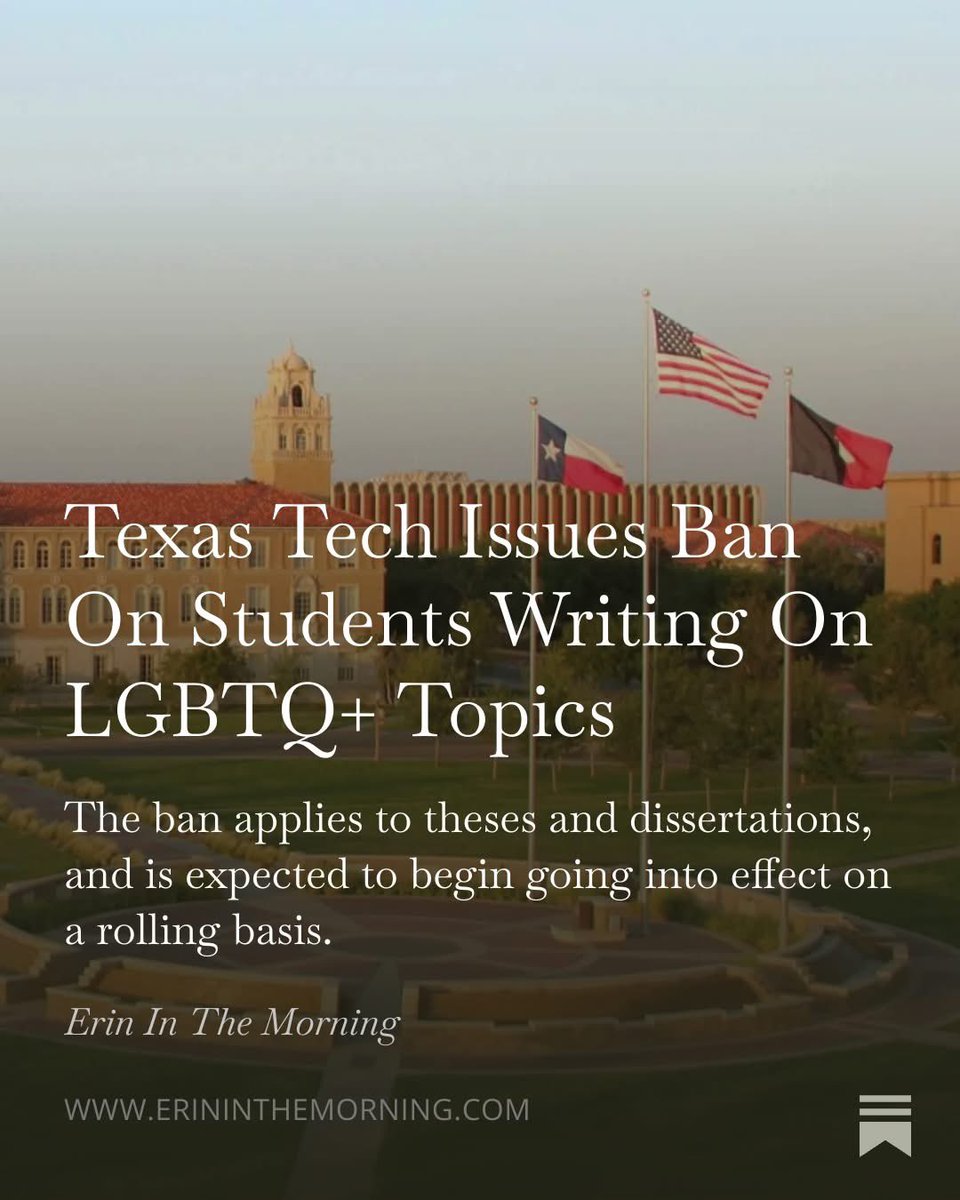 DemsAbroadCan's tweet image. Of course it’s Texas!

Texas Tech is banning student writing about LGBTQ+ topics, the 1st ‘don't say gay/trans’ policy to apply to students. They also bars profs from discussing LGBTQ+ topics, and eliminates the entire field of study across the university system. 🧵#DemsAbroad